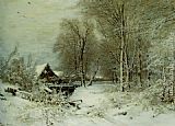Louis Apol Canvas Paintings - A Cottage in a Snowy Landscape